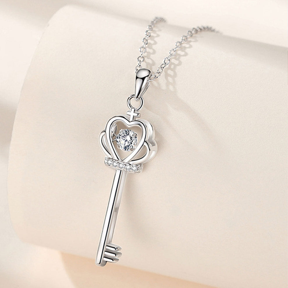 Women's White Gold Crown Key Shape Beating Heart Mossanite Pendant