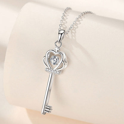 Women's White Gold Crown Key Shape Beating Heart Mossanite Pendant