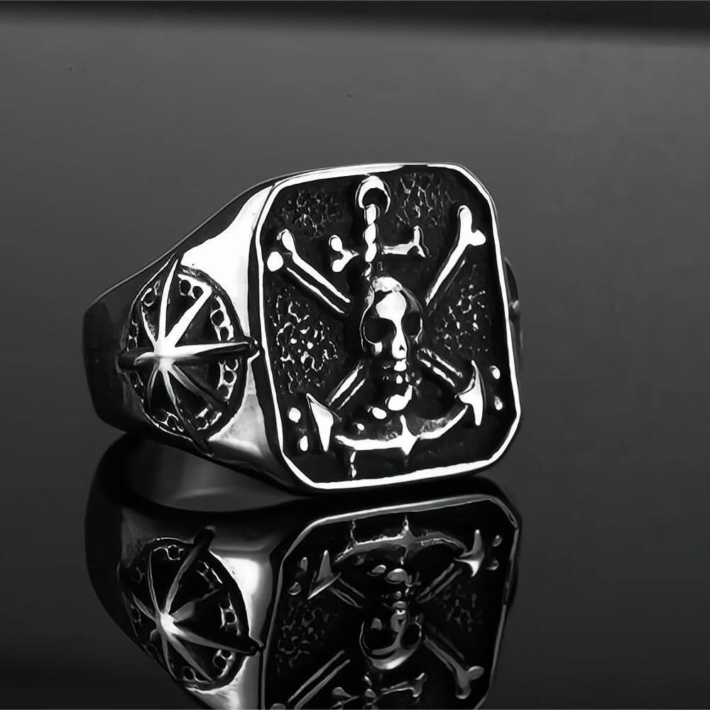 Vintage Solid Stainless Steel Pirate Skull Octagram Square Signet Ring for Men
