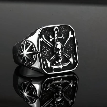 Vintage Solid Stainless Steel Pirate Skull Octagram Square Signet Ring for Men
