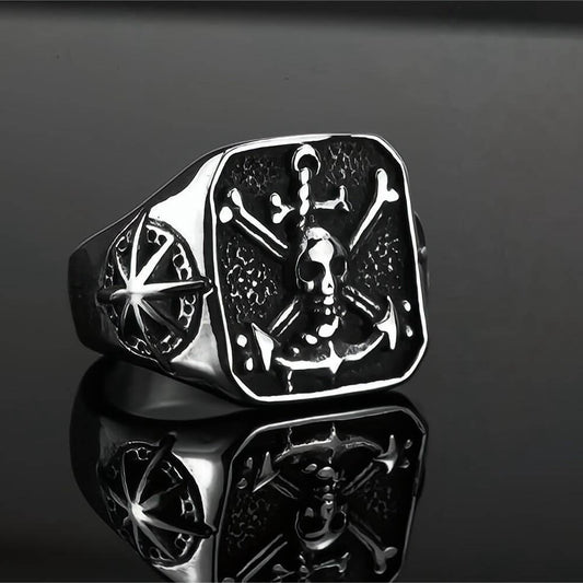 Vintage Solid Stainless Steel Pirate Skull Octagram Square Signet Ring for Men