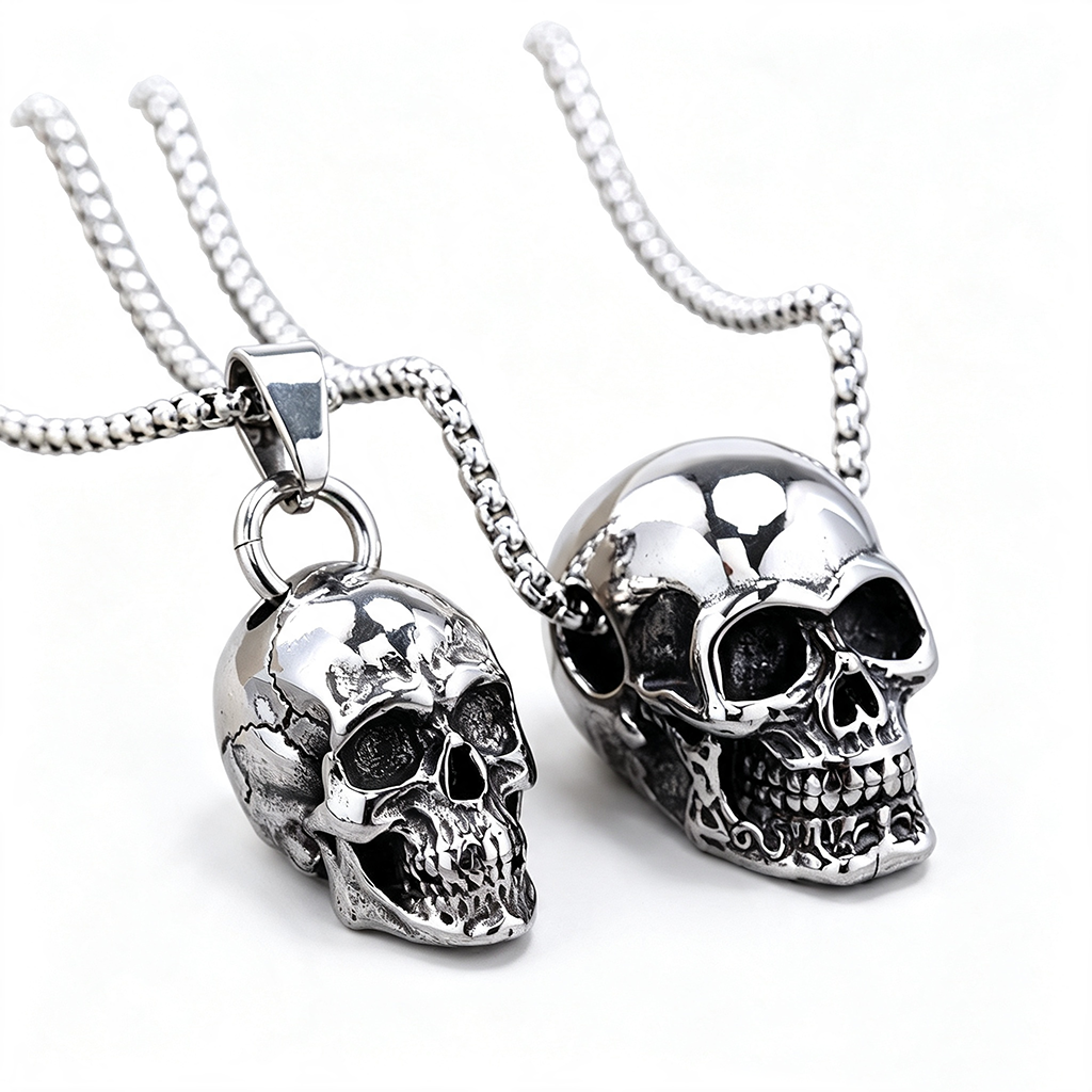 Vintage Stainless Steel Men's Halloween Skull Pendant Necklace
