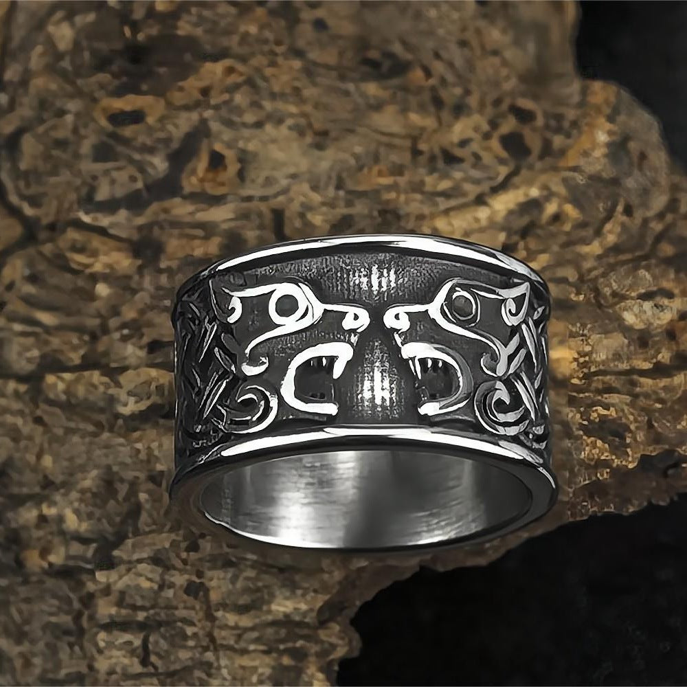 Vintage Nordic Stainless Steel Wide Band Viking Fenrir Wolf Head Ring for Men