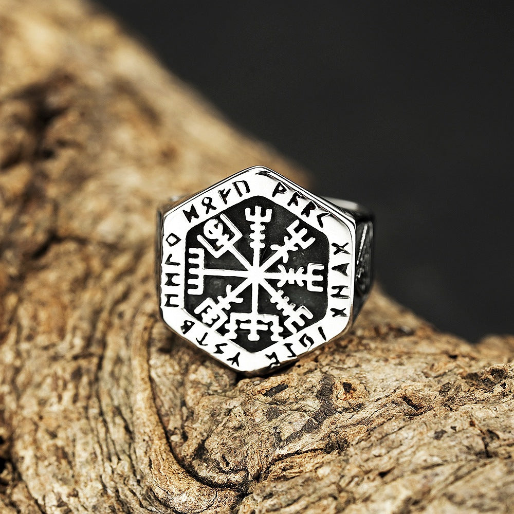 Vintage Antique Oxidized Solid Stainless Steel Norse Viking Helm of Awe Rune Hexagon Signet Band Ring for Men