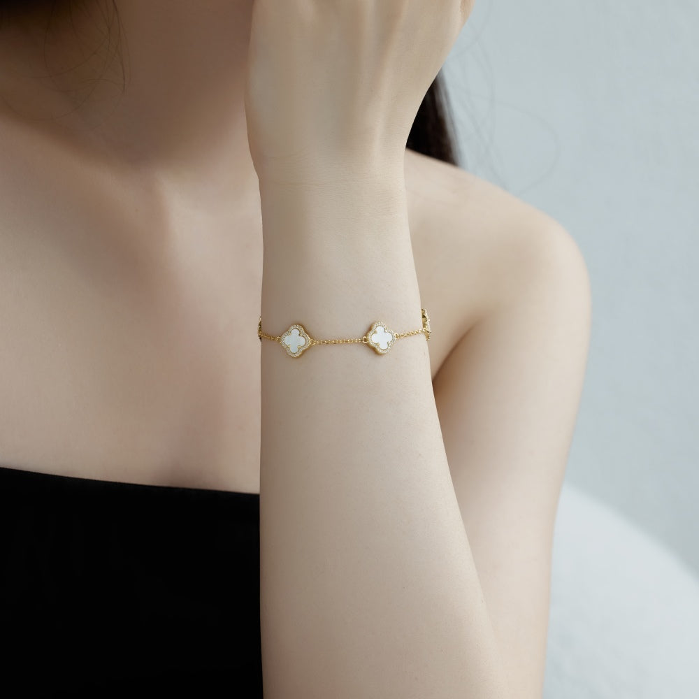Women's Delicate Bracelet, White Shell & Round White Zirconia Inlay Clover Design, S925 with 18K Gold Plating