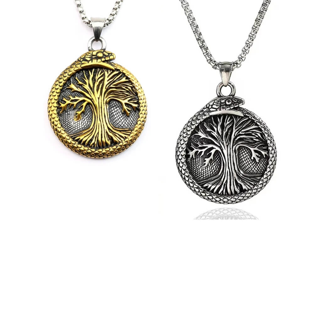 Men's Steel Vintage Ouroboros Tree of Life Round Pendant Necklace
