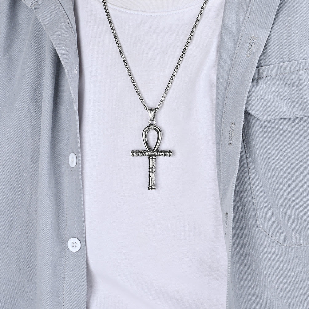 Men's Steel Egyptian Ankh Cross Eye of Horus Vintage Pendant Necklace
