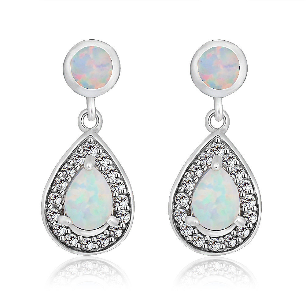 Women's Double Teardrop Halo Zirconia Dangle Earrings Inlaid With Blue & White Opal