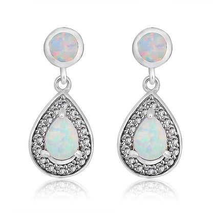 Women's Double Teardrop Halo Zirconia Dangle Earrings Inlaid With Blue & White Opal