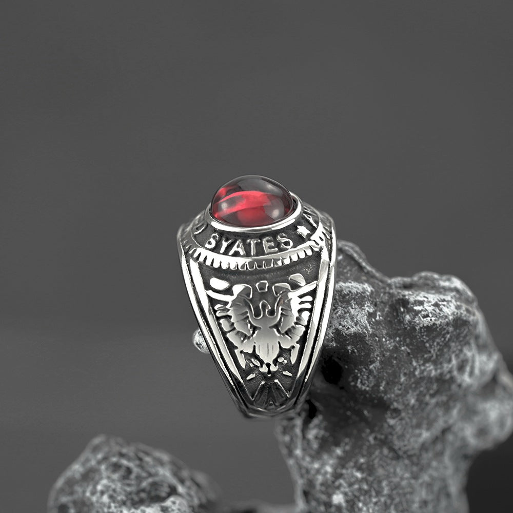 Vintage Solid Stainless Steel Inlaid Red Stone Dual Gun Letter Symbol Band Ring for Men