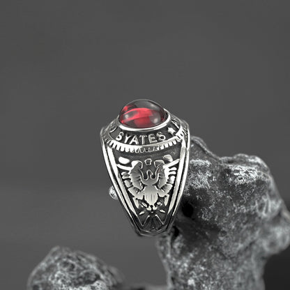 Vintage Solid Stainless Steel Inlaid Red Stone Dual Gun Letter Symbol Band Ring for Men