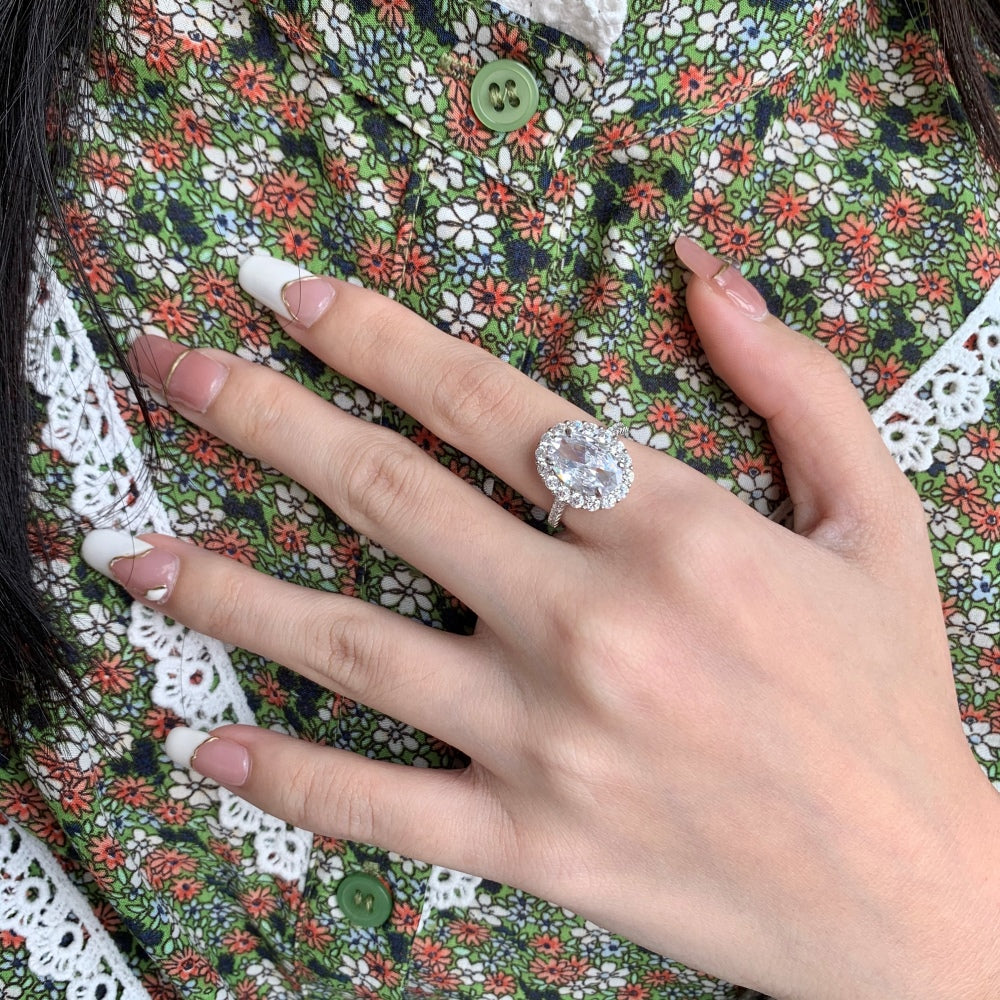 Women's Oval Ice Flower Radiant Cut 3.5 Carat Flower Zirconia Ring, S925 with White Gold Plating