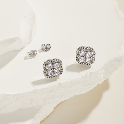 Women's Clover Halo Stud Earrings, Round Clear Zirconia, S925 with White Gold Plating