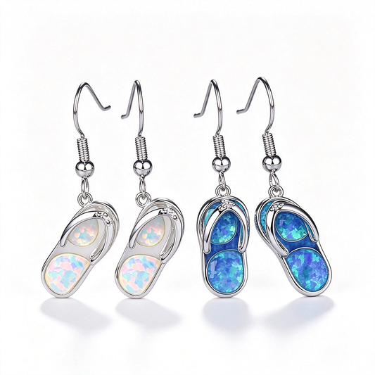 Women's Flip‑Flop Shape Opal Dangle Earrings, Blue Opal / White Opal
