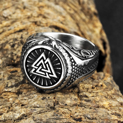 Vintage Solid Stainless Steel Norse Valknut Round Wide Signet Ring for Men