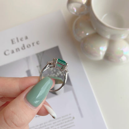 Women's Square Emerald Zirconia Elegant Temperament Ring, S925 with White Gold Plating