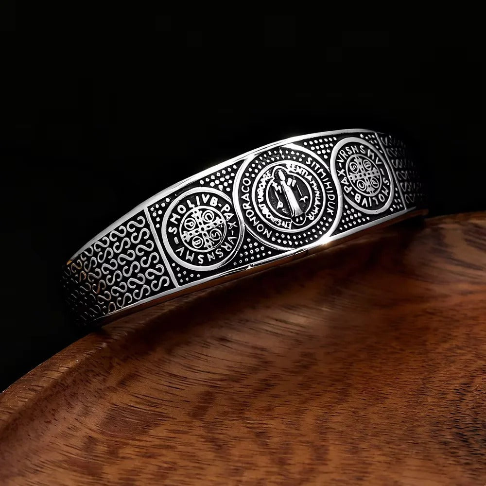 Vintage Punk St. Benedict Open C Bracelet for Men, Trendy Personality Stainless Steel Retro Adjustable Cuff Bangle Jewelry