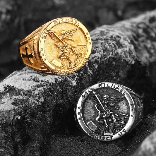 Vintage Solid Stainless Steel Archangel Saint Michael Dragon Slayer Round Signet Ring for Men