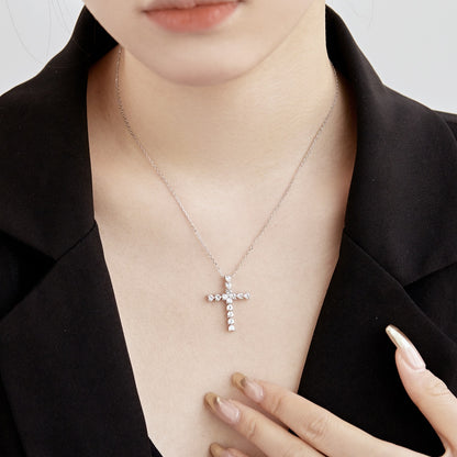 Women's Minimalist Cross Pendant Necklace, Heart Shape Zirconia Inlay, S925 with White Gold Plating