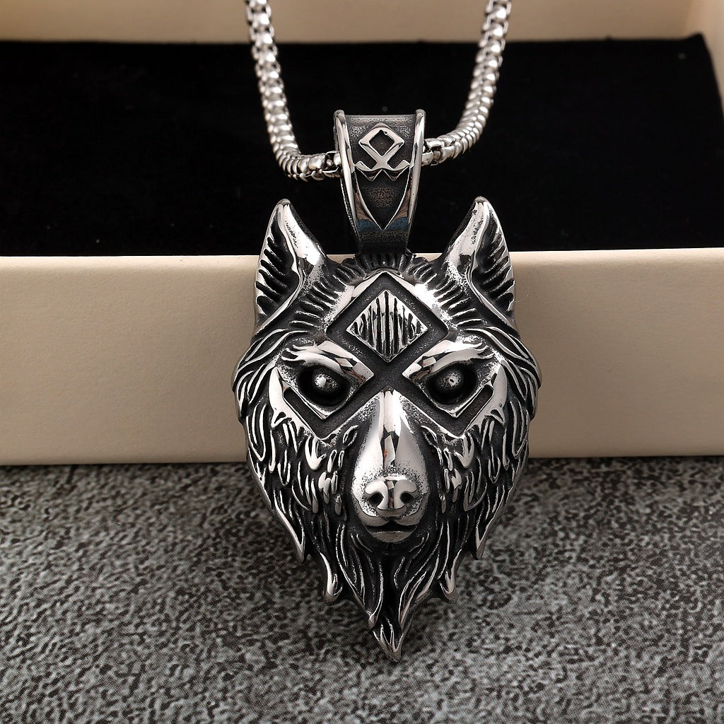 Vintage Stainless Steel Men's Viking Wolf Head Symbol Pendant Necklace