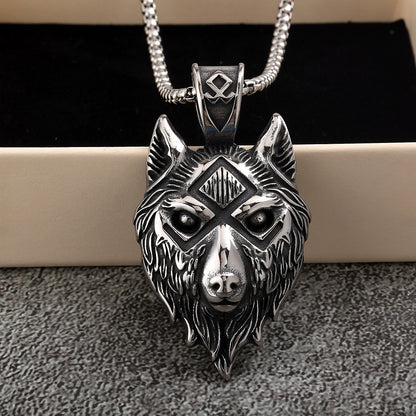 Vintage Stainless Steel Men's Viking Wolf Head Symbol Pendant Necklace