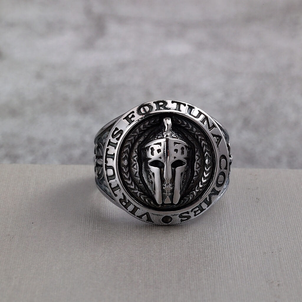 Vintage Stainless Steel Spartan Helmet Ring Engraved Virtutis Fortuna Comes for Men