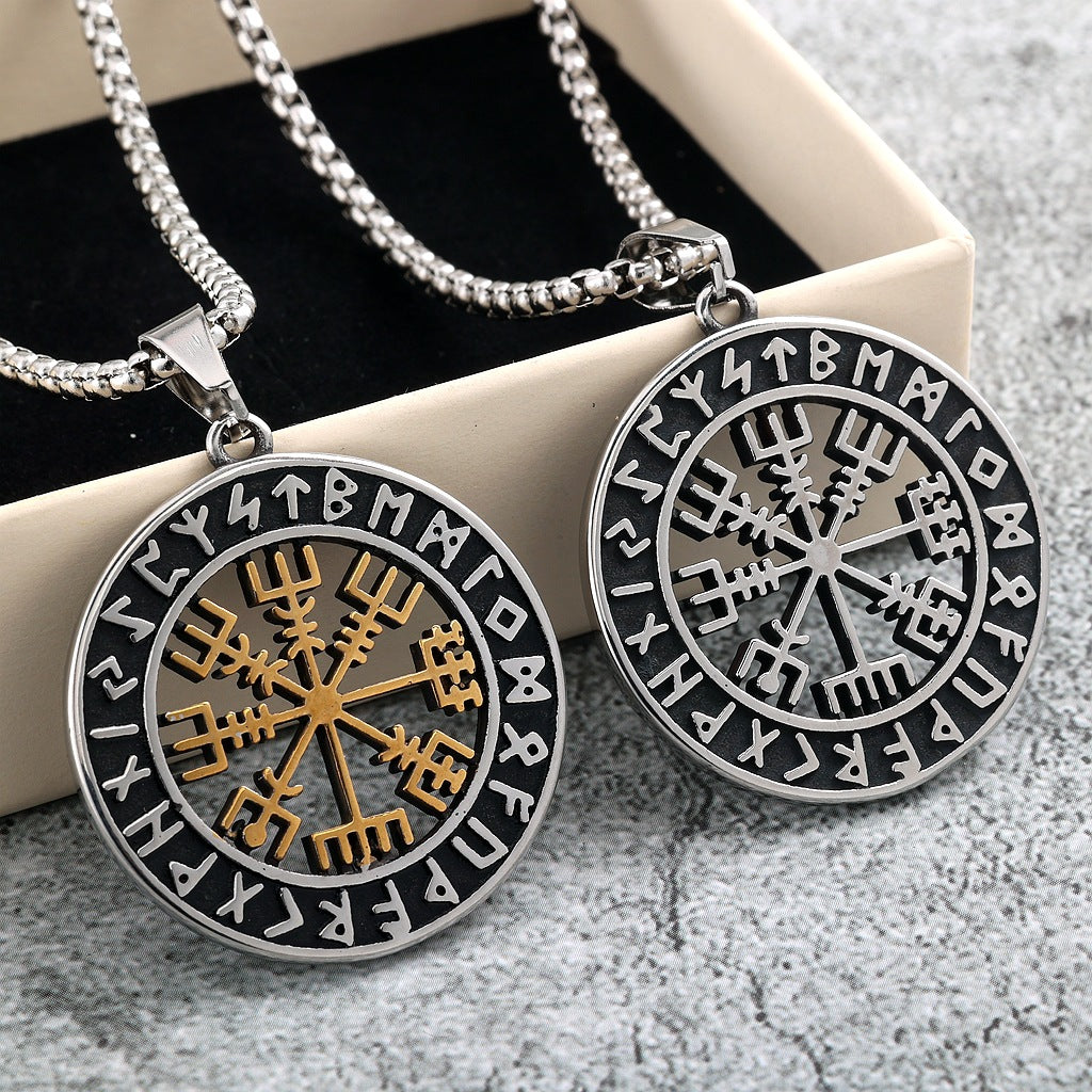 Vintage Stainless Steel Men's Viking Compass Double Sided Pendant Necklace