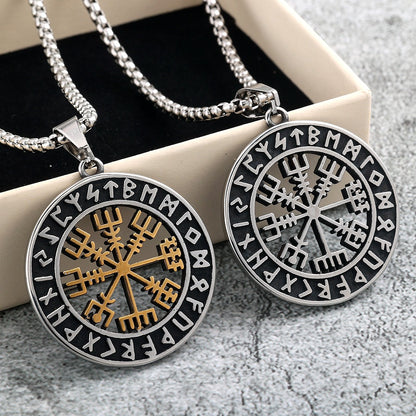 Vintage Stainless Steel Men's Viking Compass Double Sided Pendant Necklace