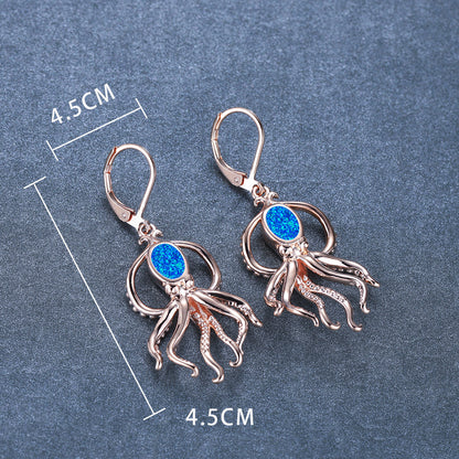 Women's Octopus‑Shape Oval Opal & Zirconia Leverback Dangle Earrings, with Champagne Gold Plating / White Gold Plating