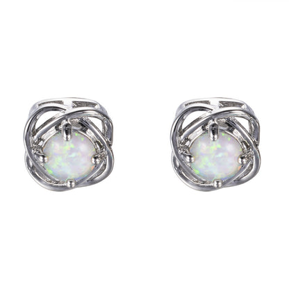 Women's Four‑Prong Blue Round Opal Braided Frame Stud Earrings