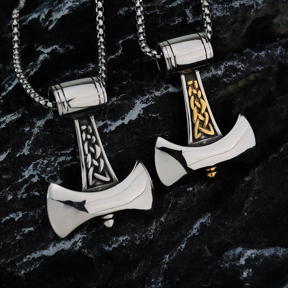 Men's Steel Viking Axe Two Tone Celtic Knot Pendant Necklace