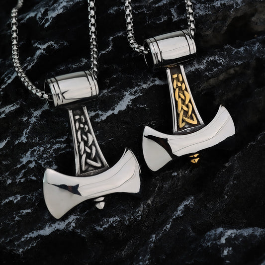 Men's Steel Viking Axe Two Tone Celtic Knot Pendant Necklace