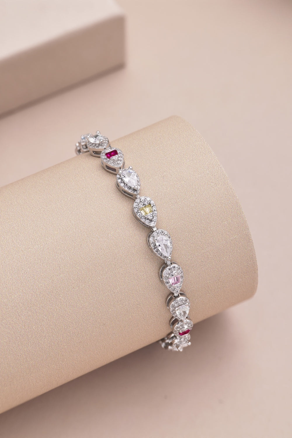 Women's S925 White Gold Plating Delicate Bracelet, Multicolor Baguette, Round & Pear Shape Zirconia Row Inlay