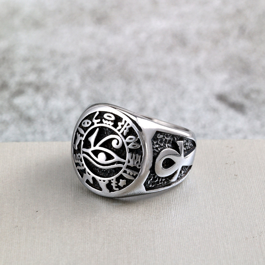 Vintage Solid Stainless Steel Ancient Egyptian Eye of Horus Cross Round Ring for Men