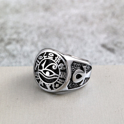 Vintage Solid Stainless Steel Ancient Egyptian Eye of Horus Cross Round Ring for Men