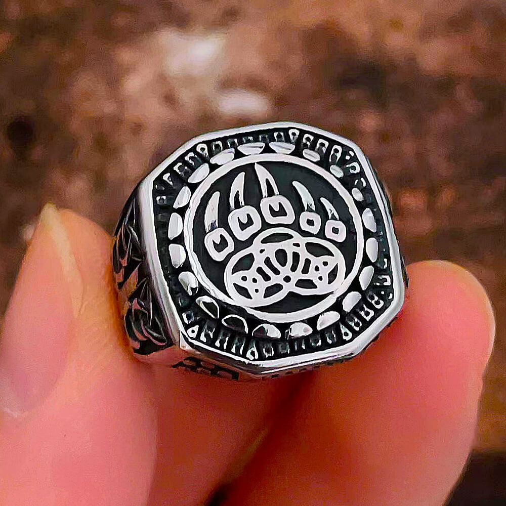 Vintage Solid Stainless Steel Engraved Viking Hollow Bear Claw Octagon Signet Ring for Men