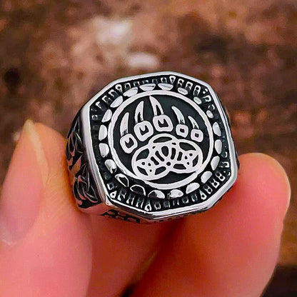 Vintage Solid Stainless Steel Engraved Viking Hollow Bear Claw Octagon Signet Ring for Men