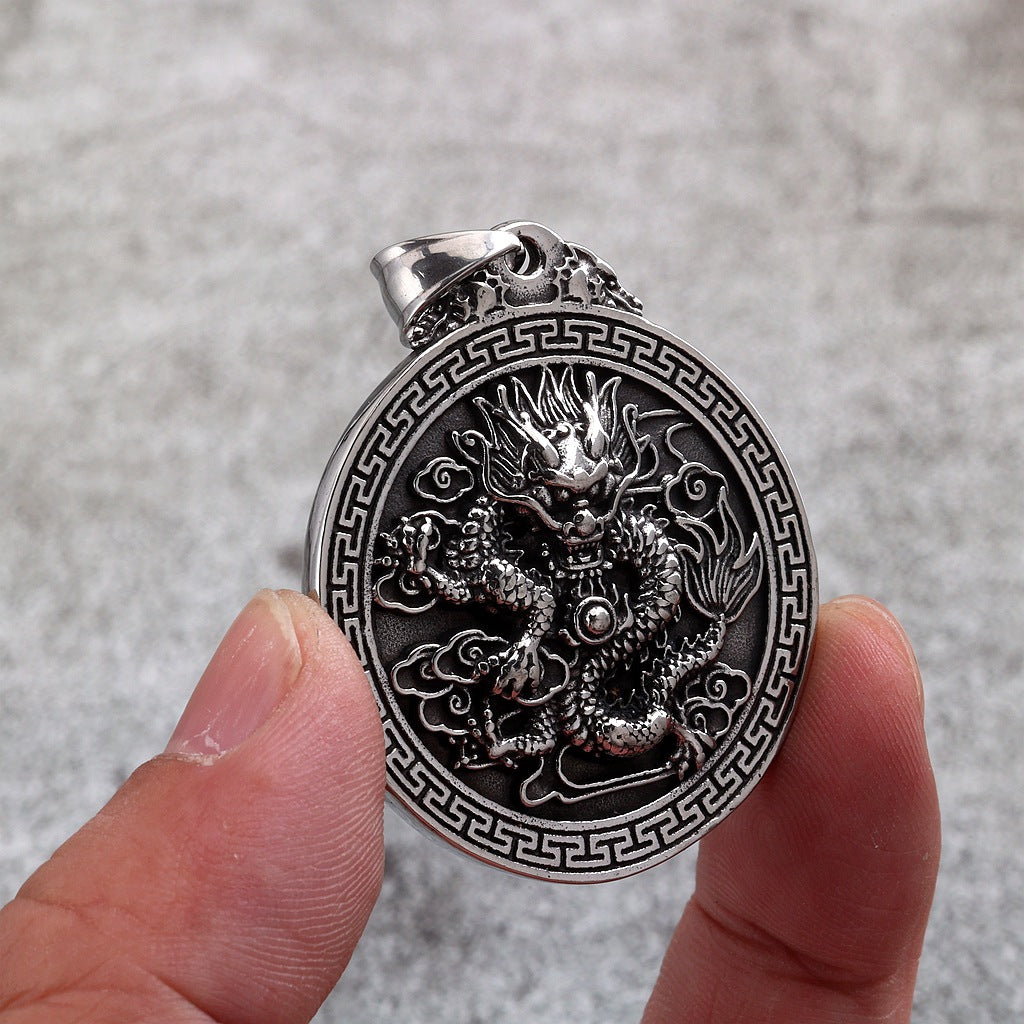 Vintage Stainless Steel Double-sided Chinese Dragon Pendant Necklace with Dragon Character for Men
