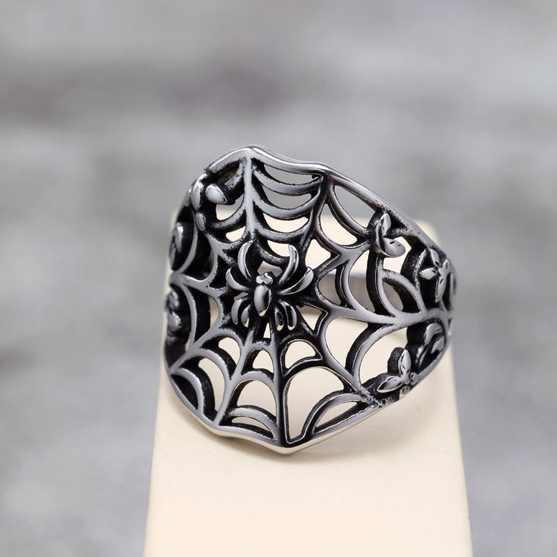 Vintage Solid Stainless Steel Hollow Spider Web Ring for Men