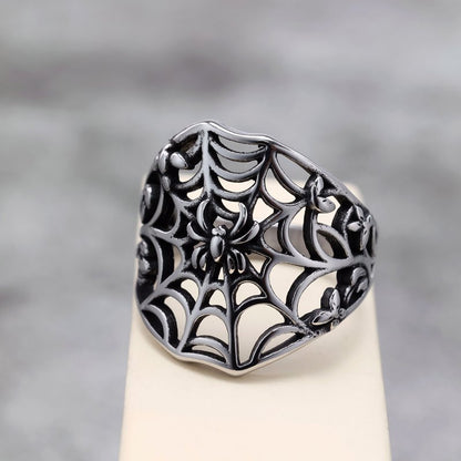 Vintage Solid Stainless Steel Hollow Spider Web Ring for Men