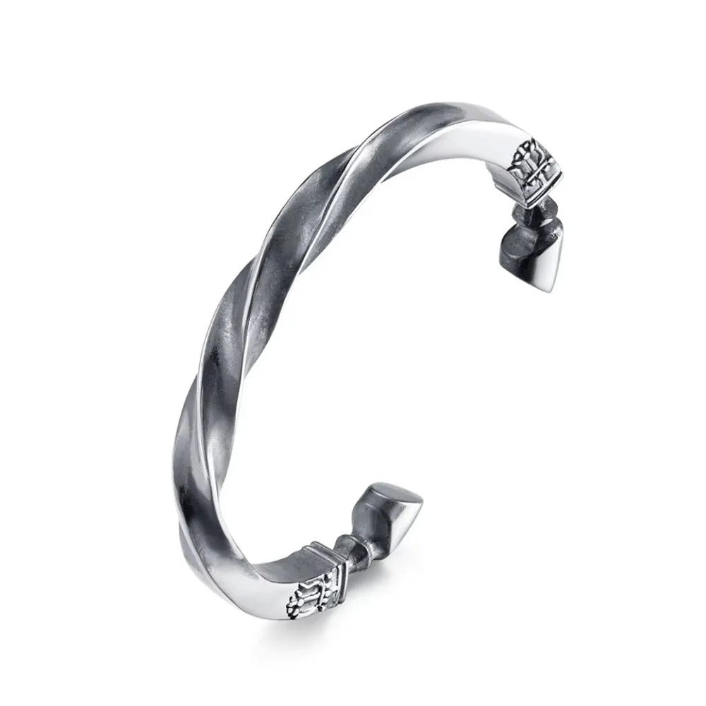 Men's Vintage Twisted Mobius Spear Tip Stainless Steel Open C Cuff Bracelet, Punk Style Buckle Ring Adjustable Retro Bangle