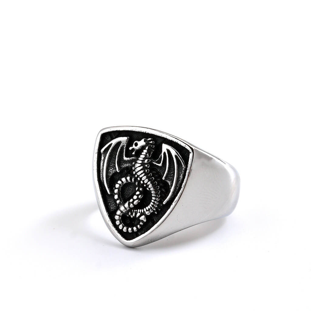 Vintage Solid Stainless Steel Shield Dragon Signet Ring for Men