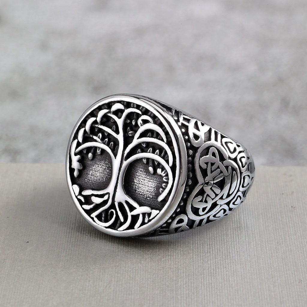 Vintage Nordic Stainless Steel Viking Tree of Life Celtic Knot Round Ring for Men