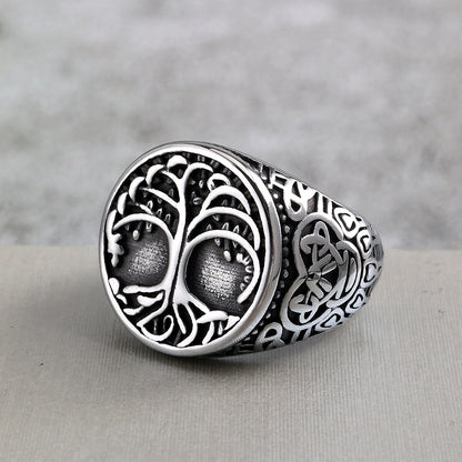 Vintage Nordic Stainless Steel Viking Tree of Life Celtic Knot Round Ring for Men