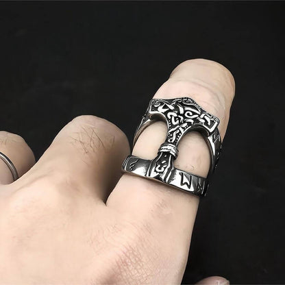 Vintage Nordic Stainless Steel Viking Rune Hammer Ring for Men
