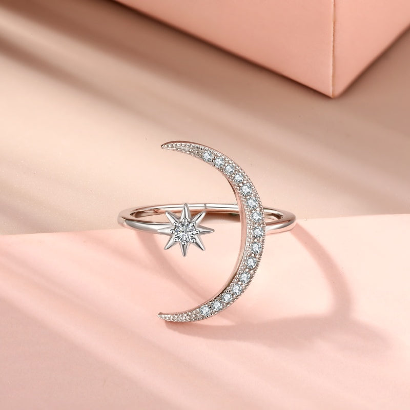 Women's S925 Moon And Star Thin Stackable Adjustable Ring