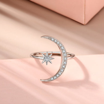 Women's S925 Moon And Star Thin Stackable Adjustable Ring