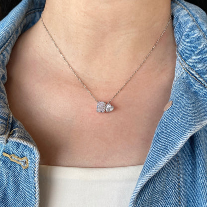Women's Dual Main Stone Pendant Necklace, Rectangle & Heart Shape Zirconia Inlay, S925 with White Gold Plating