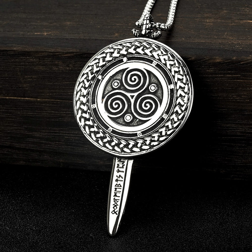 Men's Steel Viking Rune Sword Shield Round Tag Pendant Necklace
