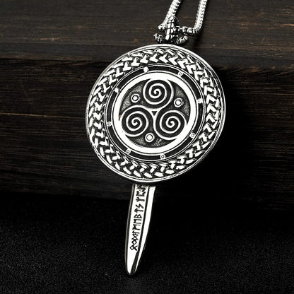 Men's Steel Viking Rune Sword Shield Round Tag Pendant Necklace